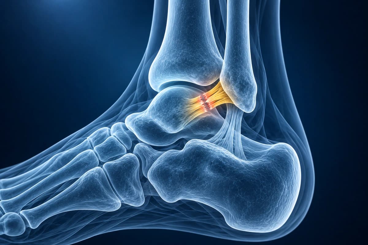 Illustration of the outer ankle with a highlighted injured ligament between the bones