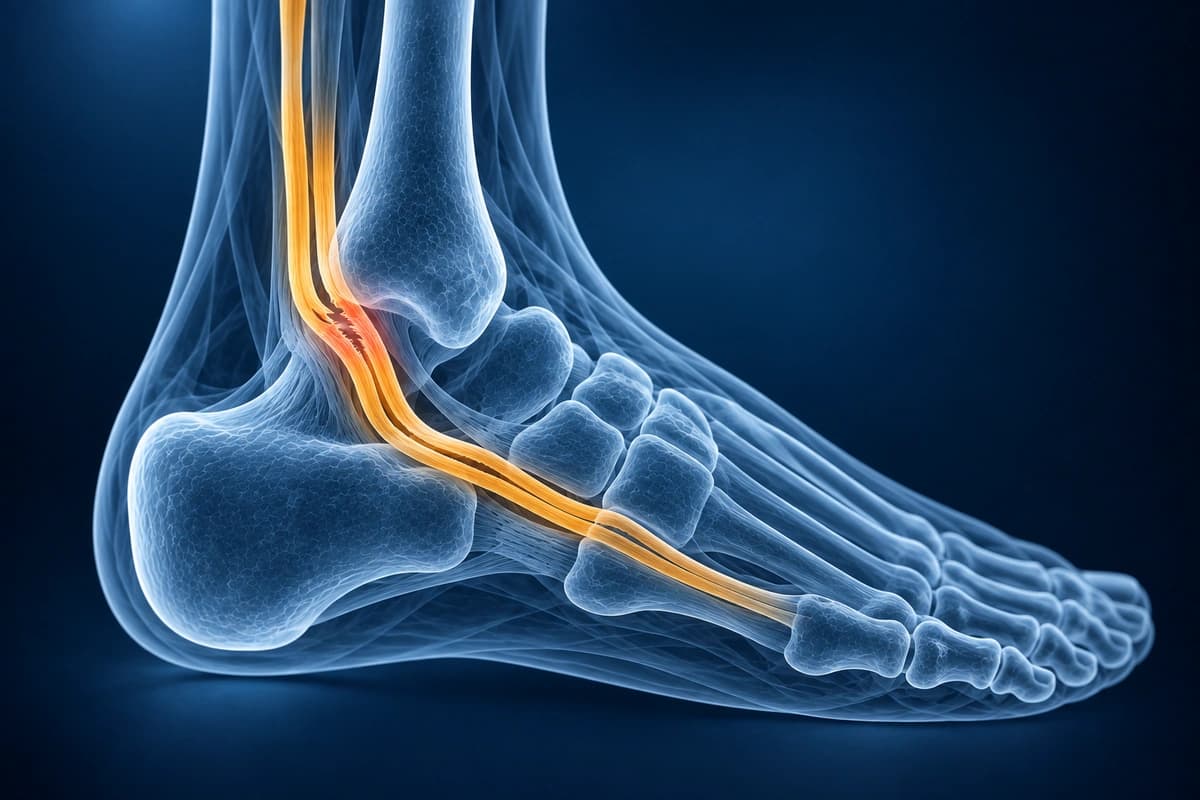 Illustration of the outer ankle with a highlighted injured peroneal tendon curving behind the bone