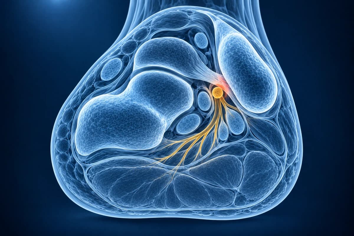 Illustration d'une coupe du pied avec le nerf tibial mis en évidence dans le tunnel tarsien