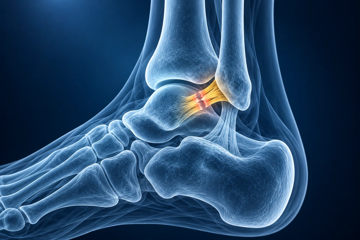 Ilustração do lado externo do tornozelo com um ligamento lesionado destacado entre os ossos