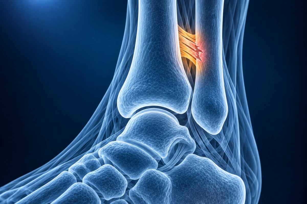 Illustration de la cheville avec une déchirure mise en évidence de la syndesmose entre le tibia et la fibula