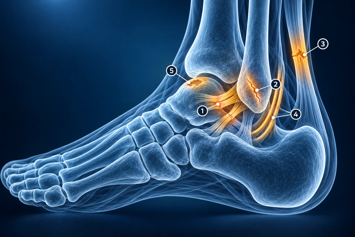 Cheville translucide avec repères numérotés pour les ligaments latéraux, la malléole, le tendon d'Achille, les tendons fibulaires et les zones de lésion du dôme du talus