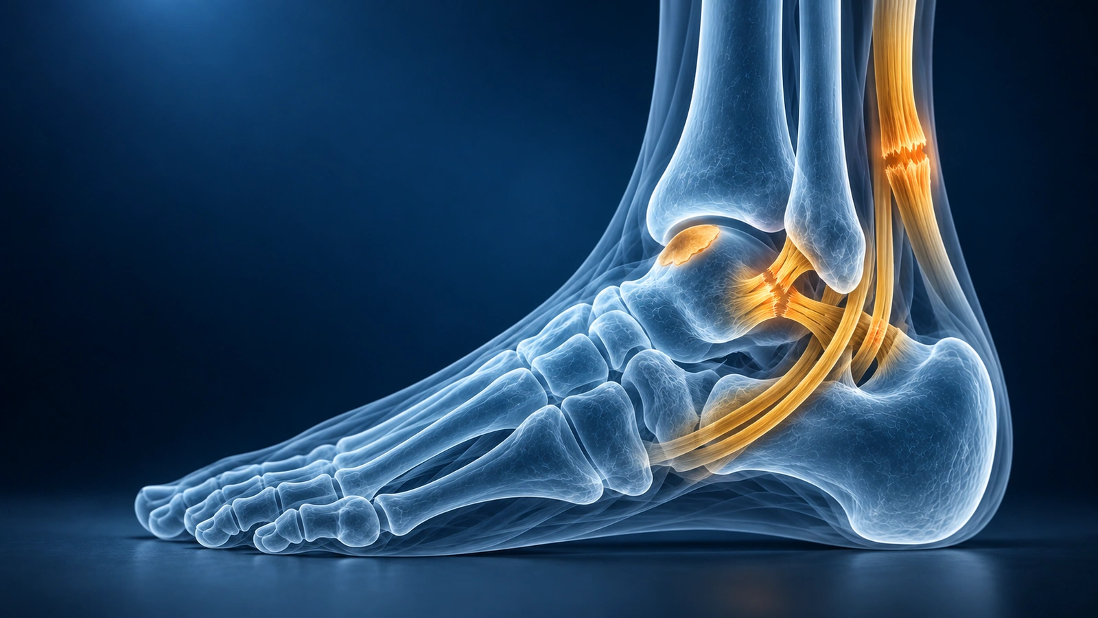 Cheville translucide vue de l'extérieur, avec les ligaments latéraux, le tendon d'Achille et les tendons fibulaires illuminés pour montrer différents types de lésions