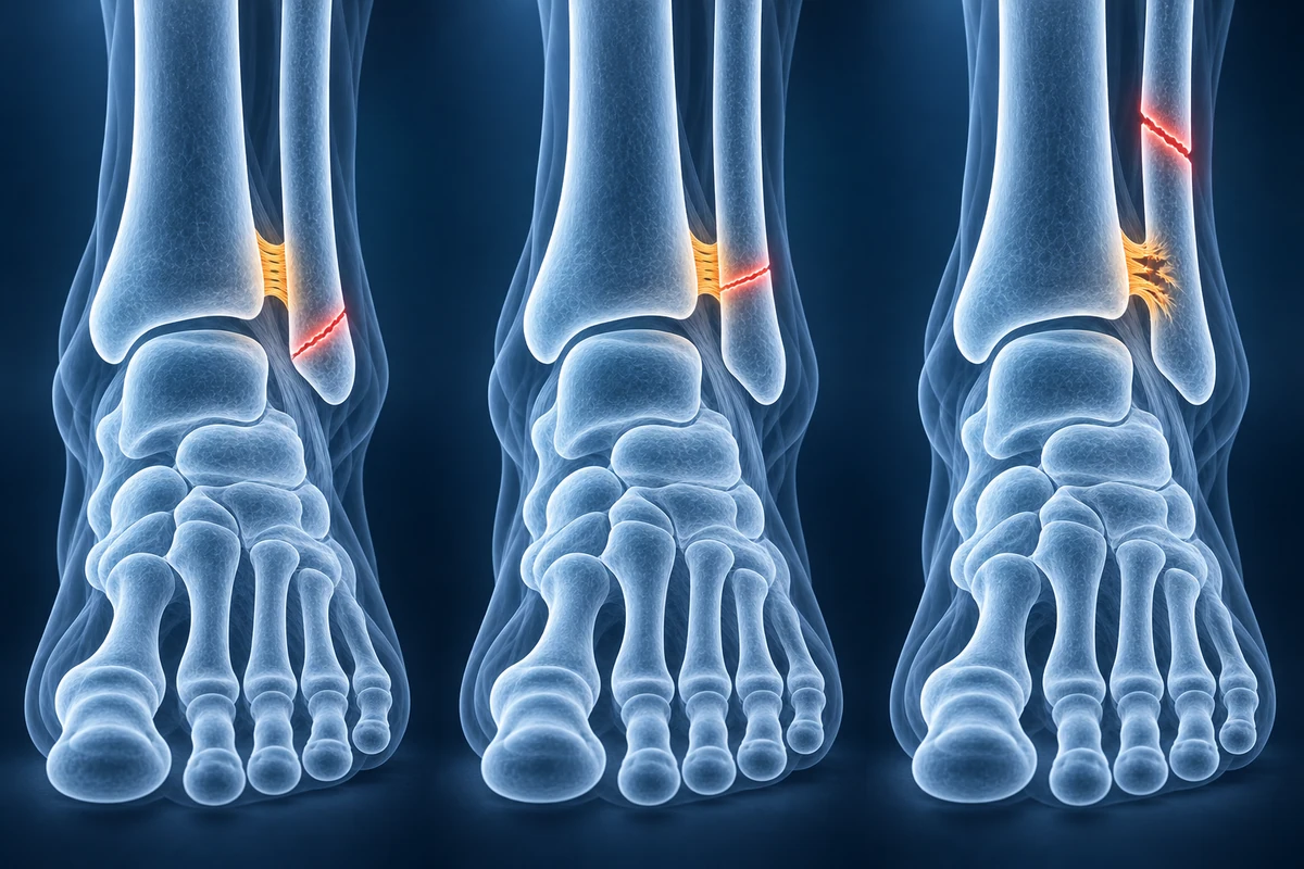 Trois chevilles translucides montrant des fractures de la fibula Weber A, B et C, situées sous la syndesmose, à son niveau et au-dessus