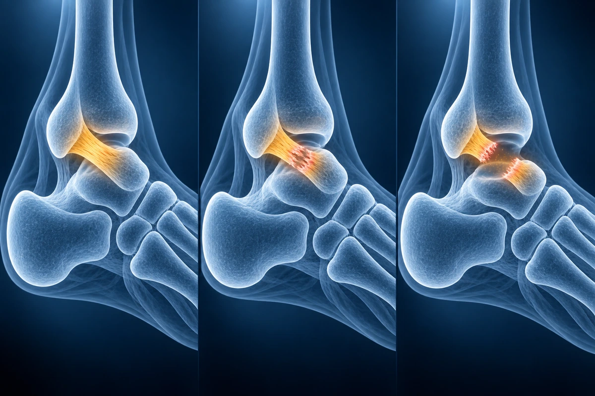 Trois ligaments ATFL translucides illustrant les grades 1 à 3 d'une entorse : étirement, rupture partielle et rupture complète avec un espace entre les extrémités