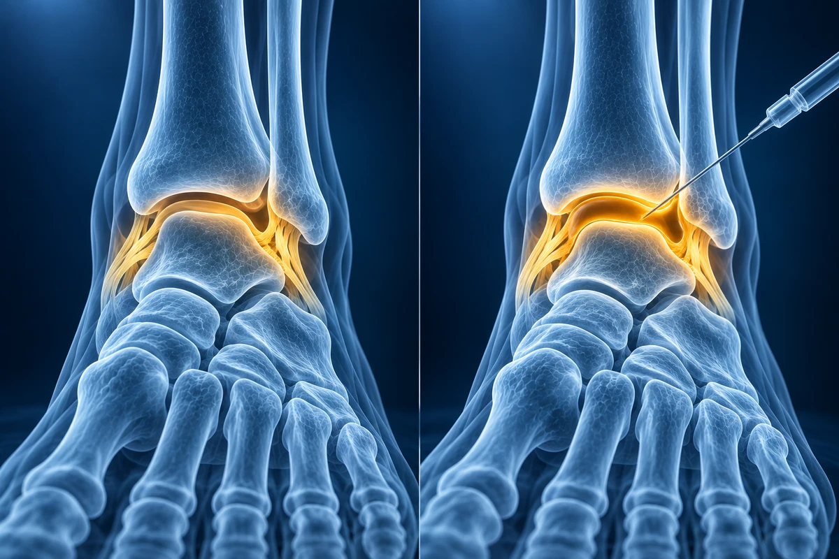 Articulation de la cheville en IRM courante à côté d'une arthro-IRM, où le produit de contraste injecté distend l'articulation et délimite le cartilage