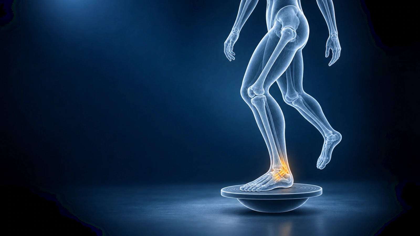 Mannequin translucide en équilibre sur une jambe, sur une planche instable, avec la cheville illuminée pour illustrer la rééducation après une entorse