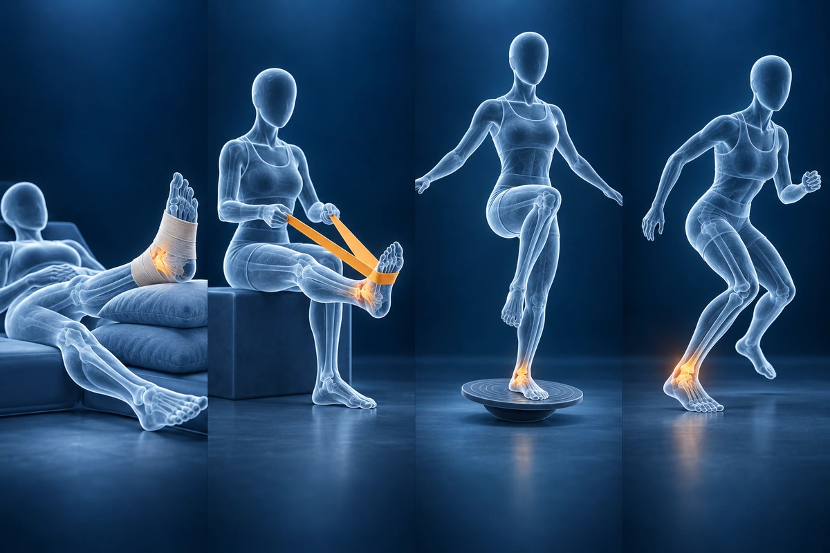 Quatre silhouettes translucides illustrant la rééducation d'une entorse de cheville : surélévation avec compression, exercice avec bande élastique, équilibre sur planche instable et déplacement latéral