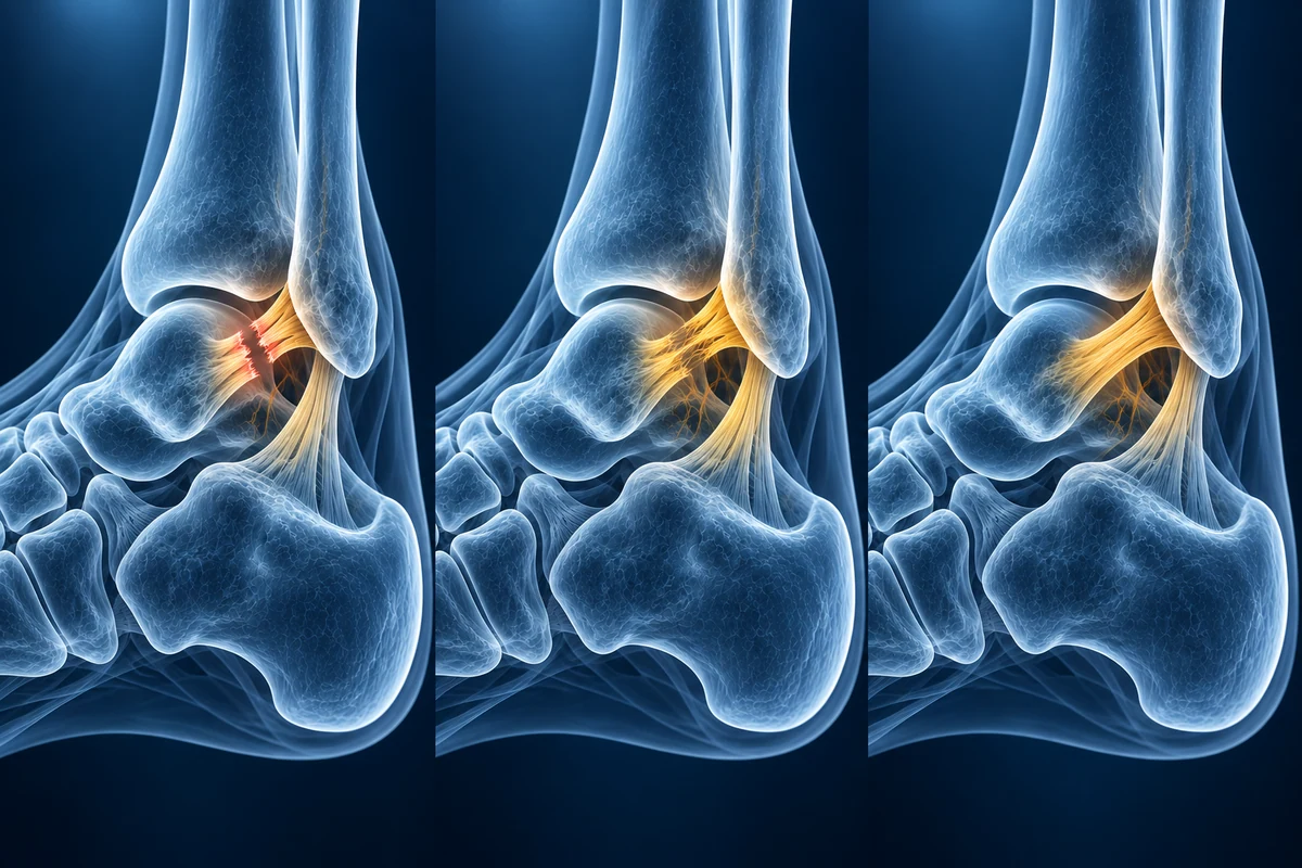 Trois ligaments ATFL translucides illustrant la cicatrisation sans opération : rupture, formation d'un tissu reliant les extrémités, puis ligament cicatrisé mais plus long