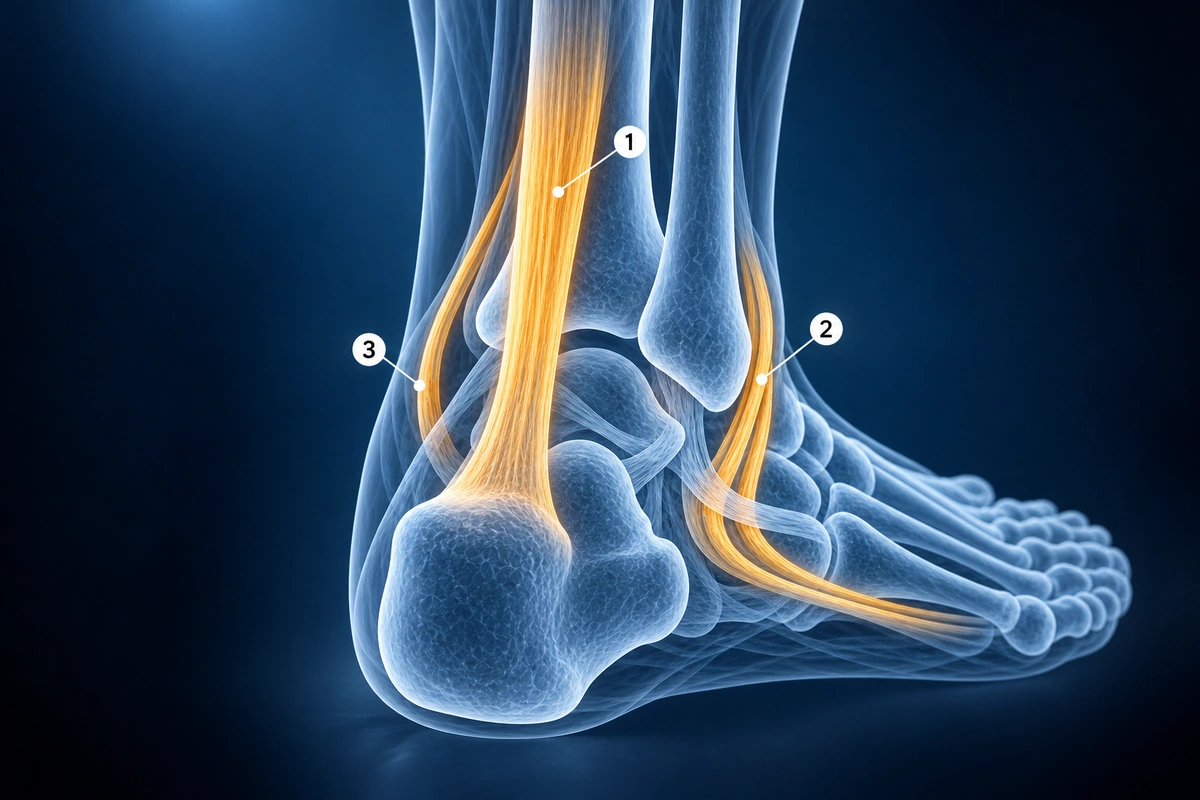 Cheville translucide vue de derrière, avec les tendons d'Achille, fibulaires et tibial postérieur numérotés, structures examinées sur une IRM de cheville