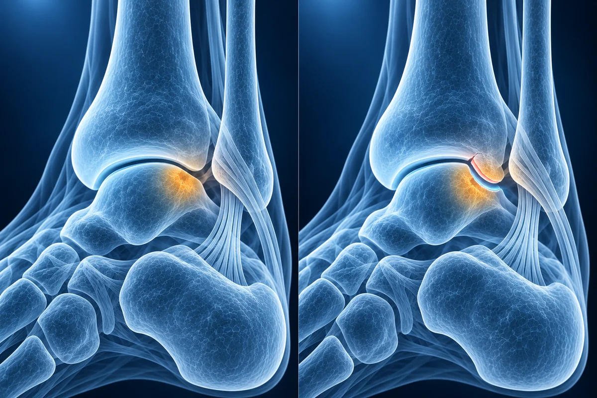 Deux dômes du talus comparant une lésion ostéochondrale stable sous un cartilage intact à un fragment instable avec du liquide en dessous